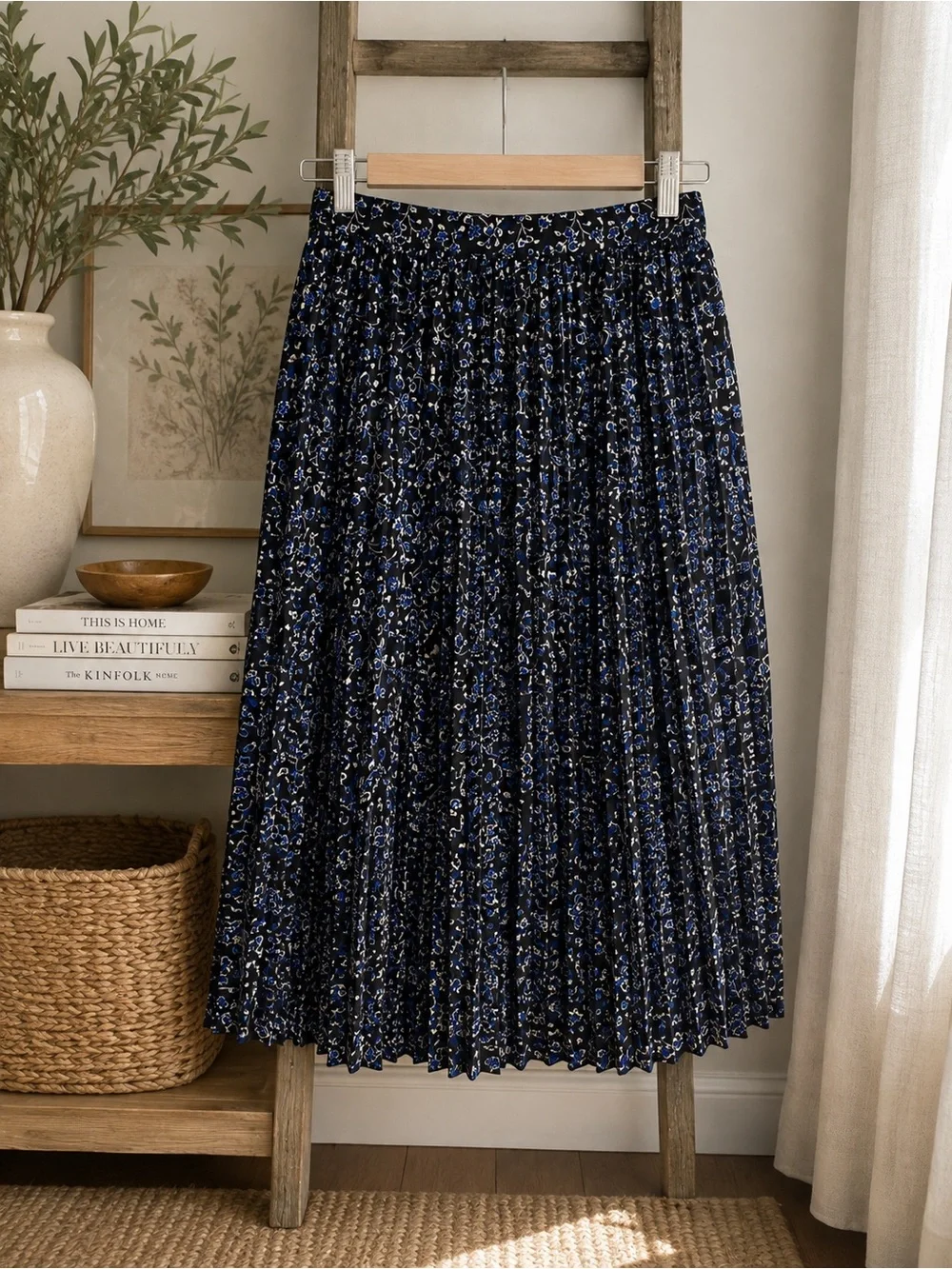J.Crew Black Blue Floral Pleated Midi Skirt XL Flowy A-Line